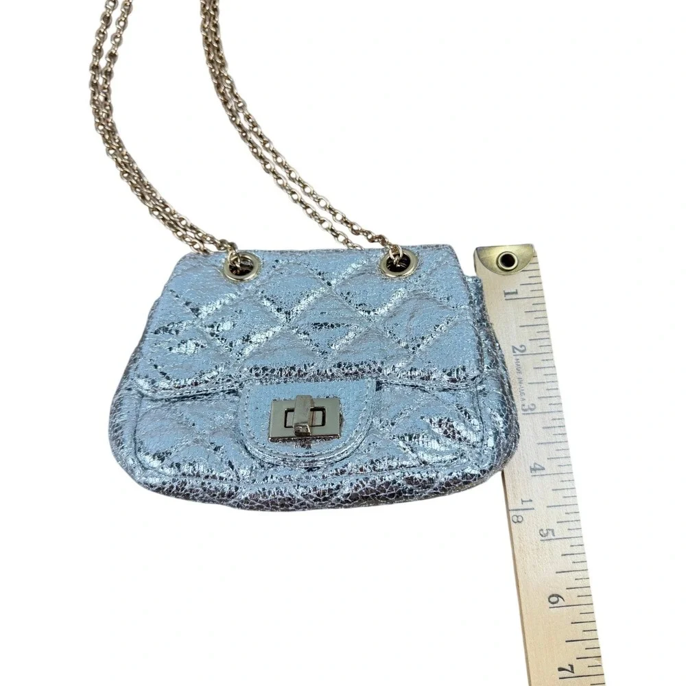 Girls Silver Metallic Quilted Mini Flap Crossbody Bag Gold Chain Strap
